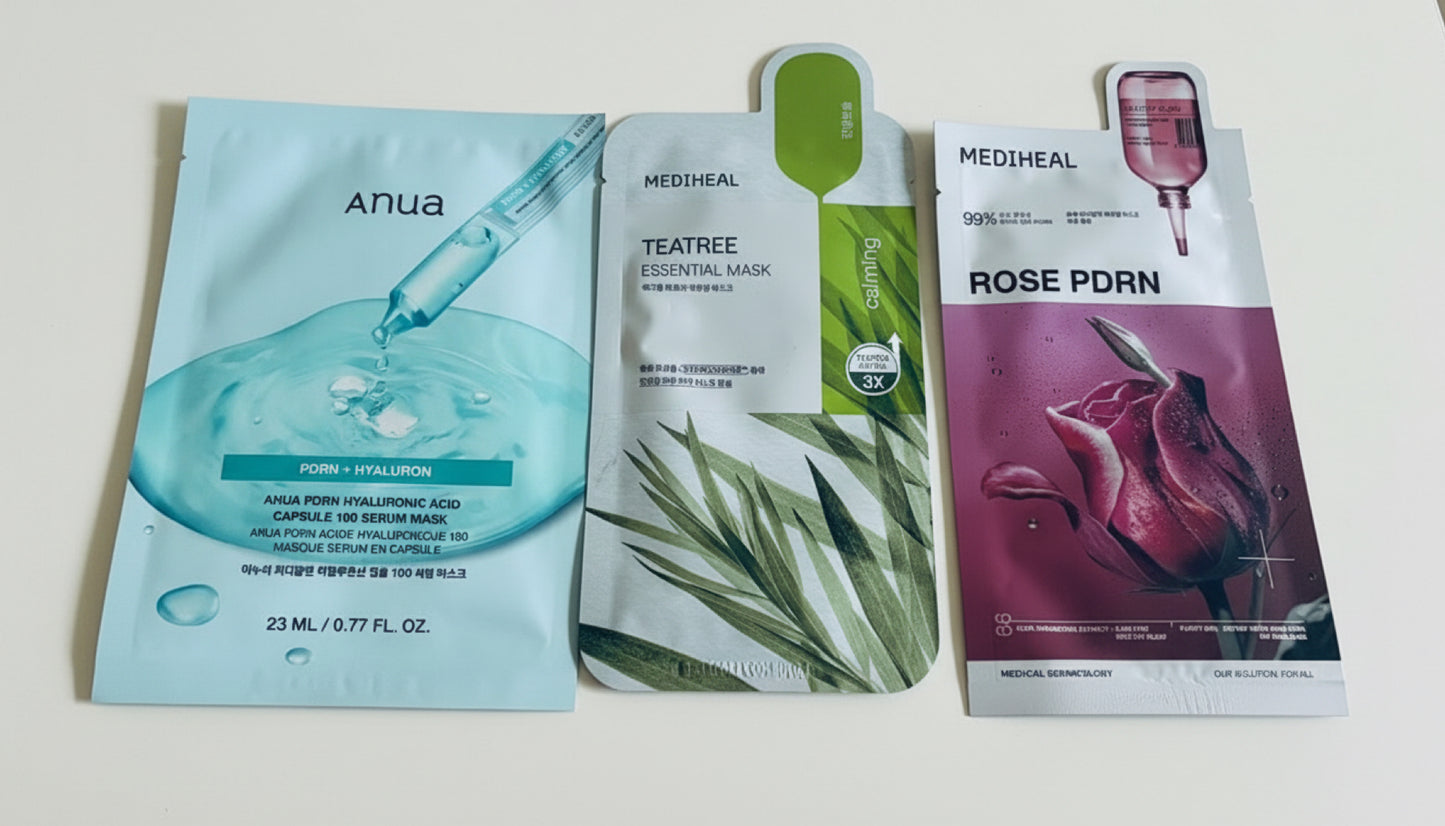 Korean Sheet Mask Set – 3 Tuchmasken für Feuchtigkeit, Beruhigung & Healthy Glow　